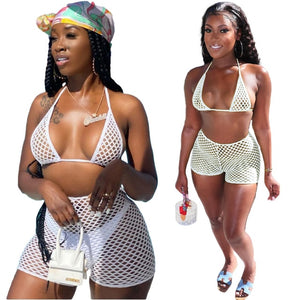 island bae set - mesh hollow out push up bikini 3 piece set beach swimming outfits cover up