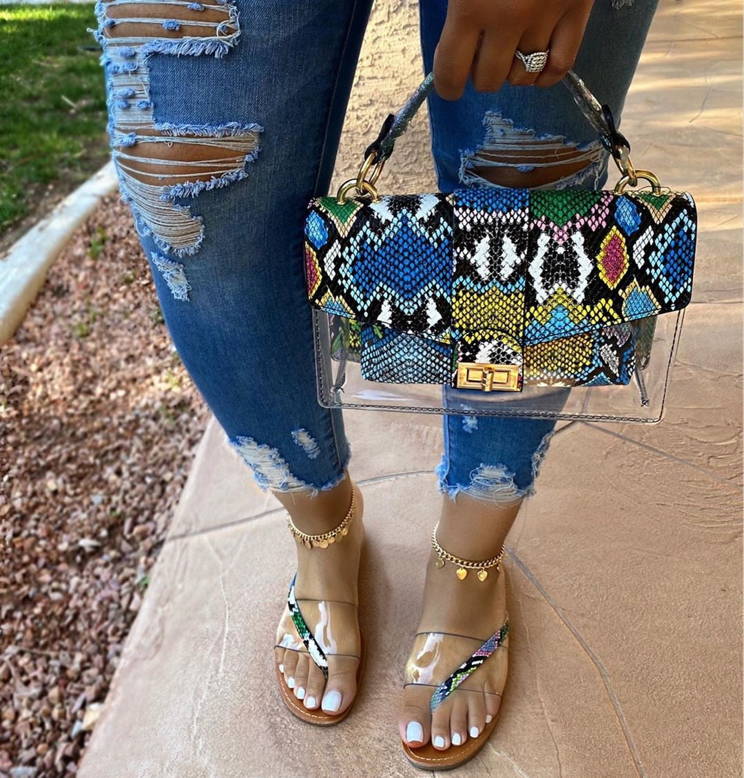 snake print clear sandals and handbag set claquette femme dames schoenen jelly purse slipper women chanclas bag femmes sandales