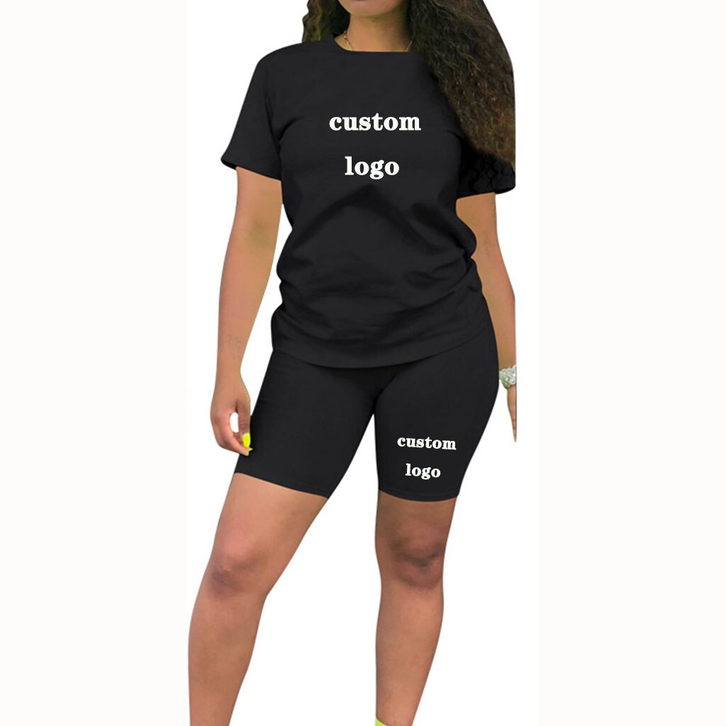 custom your logo t shirts and shorts two piec set summer women short sleeve o-neck casual 2 piece joggers biker shorts outfit