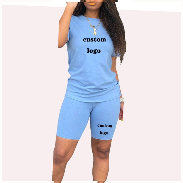 custom your logo t shirts and shorts two piec set summer women short sleeve o-neck casual 2 piece joggers biker shorts outfit