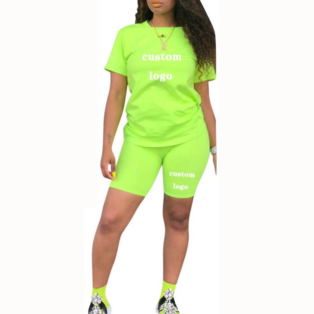 custom your logo t shirts and shorts two piec set summer women short sleeve o-neck casual 2 piece joggers biker shorts outfit