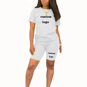 custom your logo t shirts and shorts two piec set summer women short sleeve o-neck casual 2 piece joggers biker shorts outfit