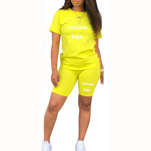 custom your logo t shirts and shorts two piec set summer women short sleeve o-neck casual 2 piece joggers biker shorts outfit