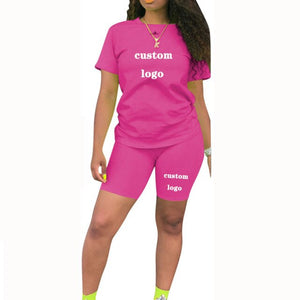 custom your logo t shirts and shorts two piec set summer women short sleeve o-neck casual 2 piece joggers biker shorts outfit