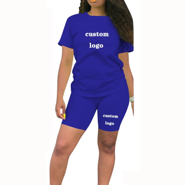 custom your logo t shirts and shorts two piec set summer women short sleeve o-neck casual 2 piece joggers biker shorts outfit