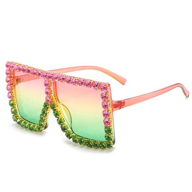 big bling frames - oversized sunglasses women 2021 luxury rhinestone square sun glasses bling eyeglasses fashion shades pink green / gold