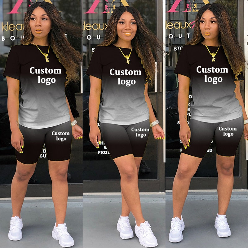 summer custom logo two piece set women clothing gradient o-neck short sleeve t shirt bodycon biker shorts outfit size s-3xl