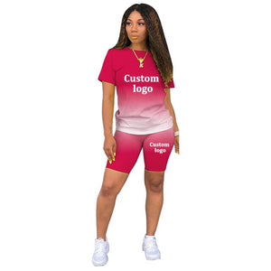 summer custom logo two piece set women clothing gradient o-neck short sleeve t shirt bodycon biker shorts outfit size s-3xl