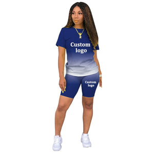 summer custom logo two piece set women clothing gradient o-neck short sleeve t shirt bodycon biker shorts outfit size s-3xl