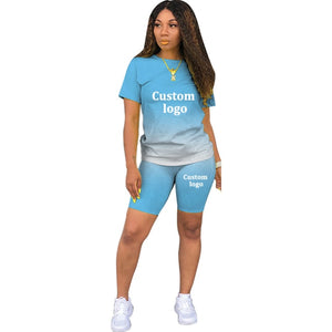 summer custom logo two piece set women clothing gradient o-neck short sleeve t shirt bodycon biker shorts outfit size s-3xl