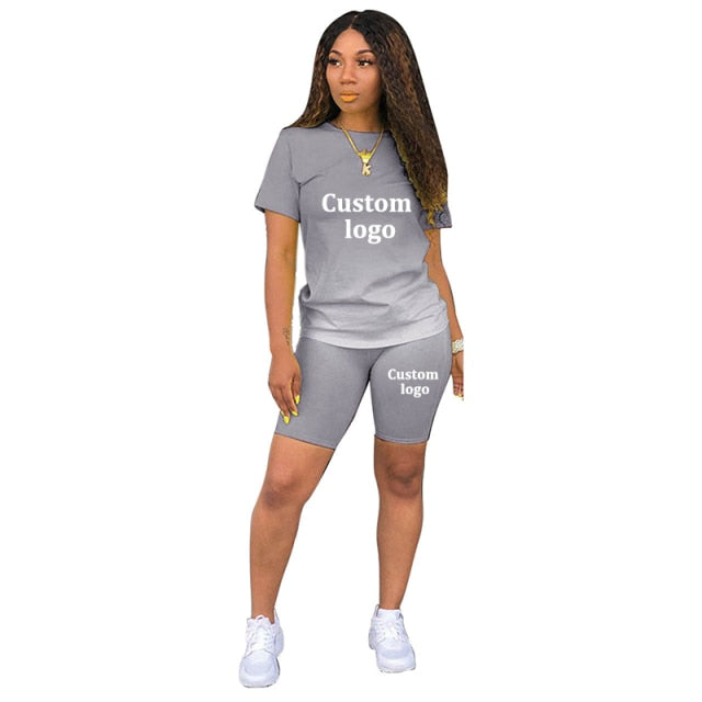 summer custom logo two piece set women clothing gradient o-neck short sleeve t shirt bodycon biker shorts outfit size s-3xl