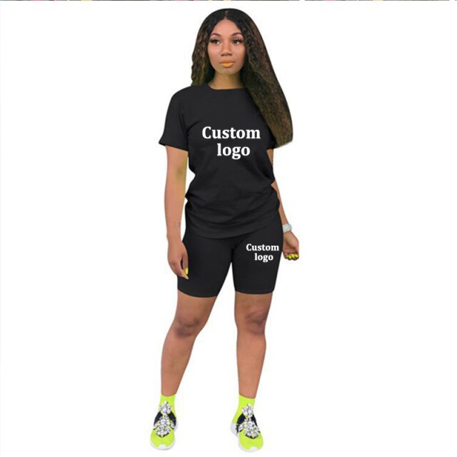 summer custom logo two piece set women clothing gradient o-neck short sleeve t shirt bodycon biker shorts outfit size s-3xl