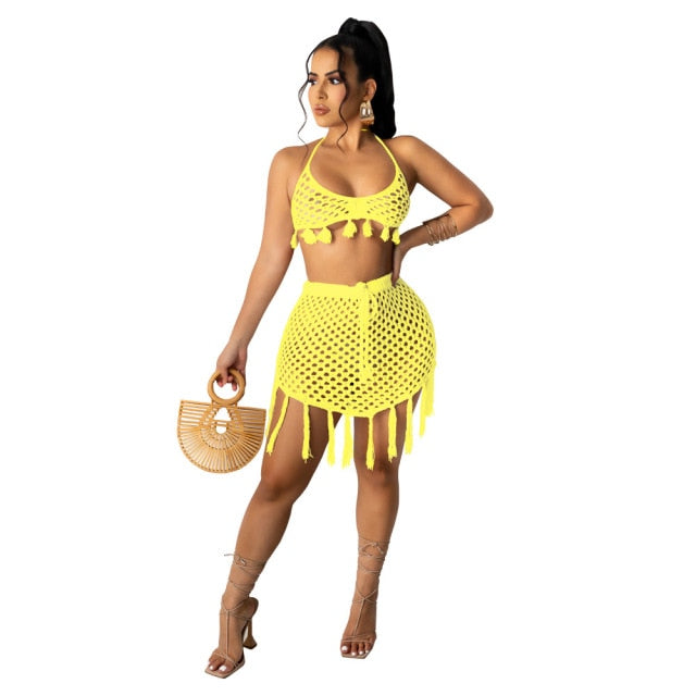 beach babe - cover up - knitted crochet two piece set crop tank top + tassel mini dress swim suit solid color bohemian tracksuit