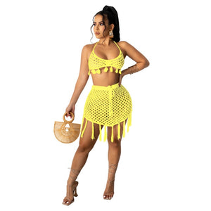 beach babe - cover up - knitted crochet two piece set crop tank top + tassel mini dress swim suit solid color bohemian tracksuit