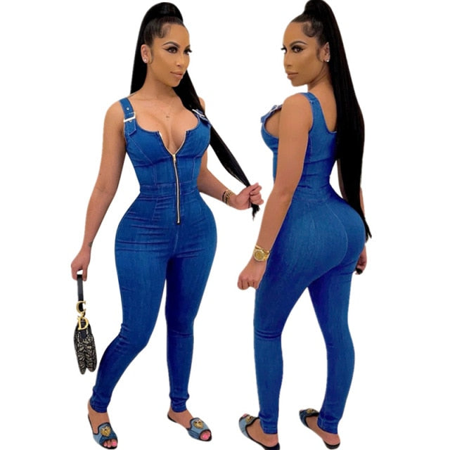 solid straps braces zipper v neck sleeveless jeans denim jumpsuit women summer casual backless outfit streetwear jeans rompers