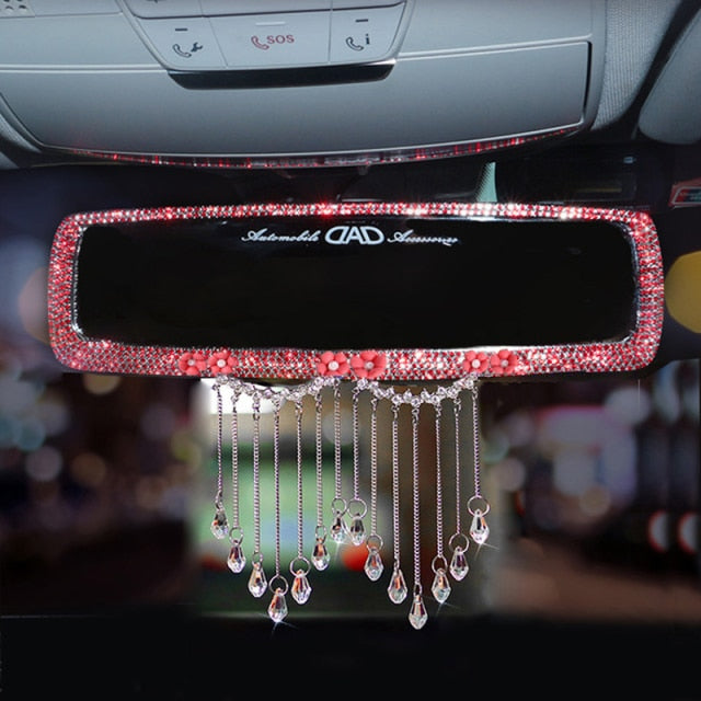 creative rhinestone tassels car interior rearview mirror decoration charm flower crystal rear mirror ornaments car accessories red mirror