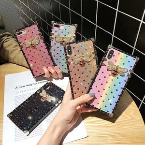 luxury 3d diamond bee - phone case for iphone12 pro max 11  xr xs max 7 8 plus 7plus - rainbow gloss silicone