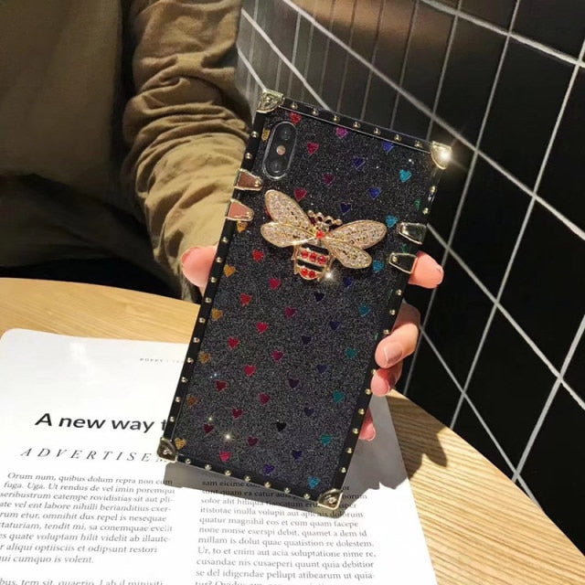 luxury 3d diamond bee - phone case for iphone12 pro max 11  xr xs max 7 8 plus 7plus - rainbow gloss silicone