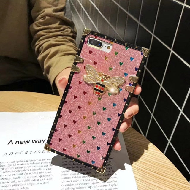 luxury 3d diamond bee - phone case for iphone12 pro max 11  xr xs max 7 8 plus 7plus - rainbow gloss silicone