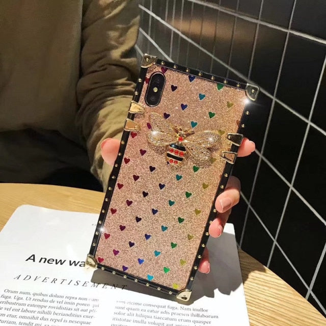 luxury 3d diamond bee - phone case for iphone12 pro max 11  xr xs max 7 8 plus 7plus - rainbow gloss silicone