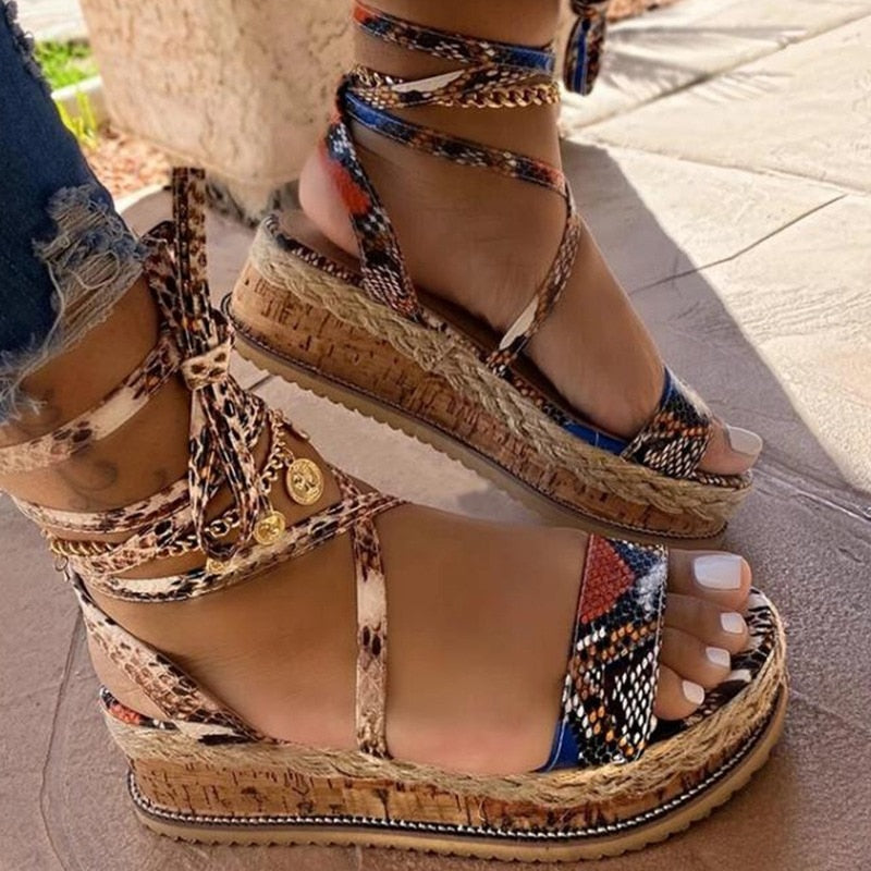 summersnake platforms - sandals heels cross strap ankle lace peep toe  beach party ladies shoes zapatos sandals