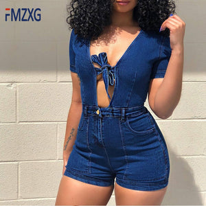 who want romp - bodysuit short sleeve one piece pants denim color playsuits cotton rompers women bandage short jumpsuit overalls