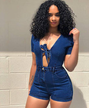 who want romp - bodysuit short sleeve one piece pants denim color playsuits cotton rompers women bandage short jumpsuit overalls