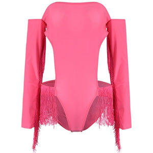 heavy on the tassels - bodysuit women pretty fluorescent off shoulder tassel long sleeve hollow out backless bodysuits streetwear