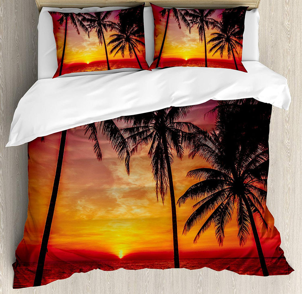 tropical decor queen size duvet cover set by ambesonne sunset tropical beach palm trees peaceful ocean evening view resort decor