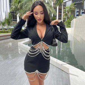 wife life - beaded chain two piece set short blazer high waist skirt sets celebrity runway pretty