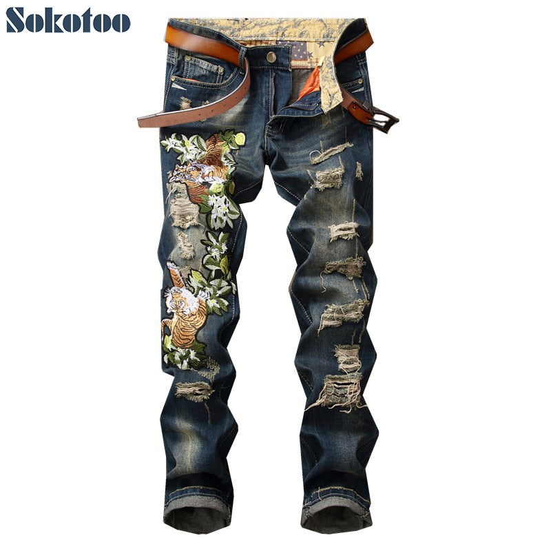 xclusive men's tiger embroidery holes ripped jeans fashion slim distressed trendy denim pants