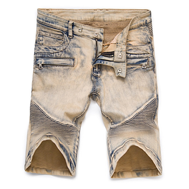 xclusive men’s biker denim - men’s high quality shorts khaki painted pleated motor jeans