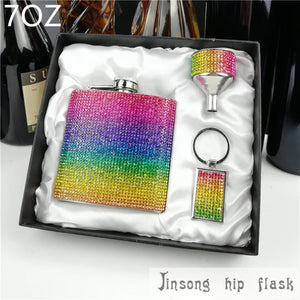 2018 rainbow diamond  hip flask ,special hip flask for ladies 7oz pink set