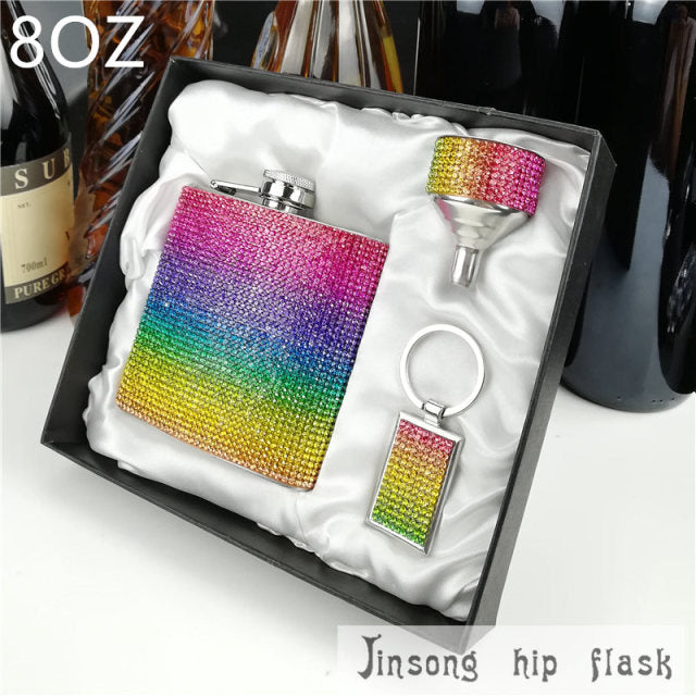 2018 rainbow diamond  hip flask ,special hip flask for ladies 8oz pink set