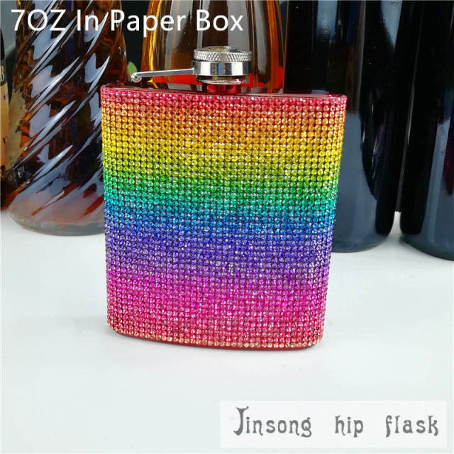 2018 rainbow diamond  hip flask ,special hip flask for ladies 7oz paper box