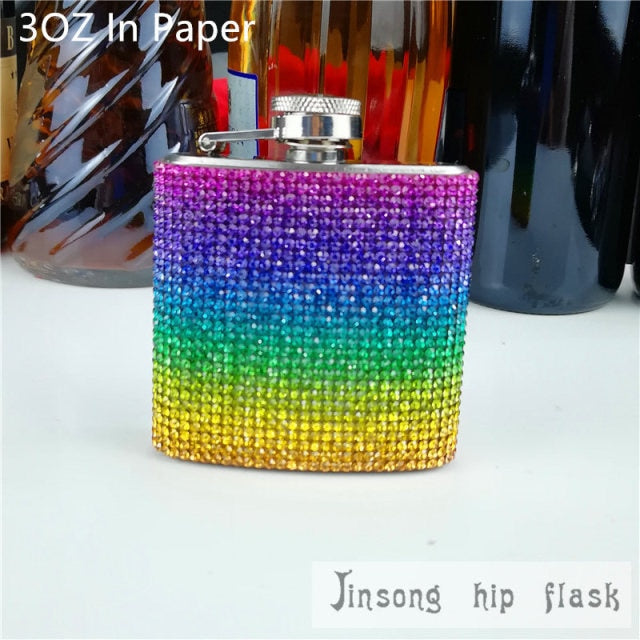 2018 rainbow diamond  hip flask ,special hip flask for ladies 3oz paper box