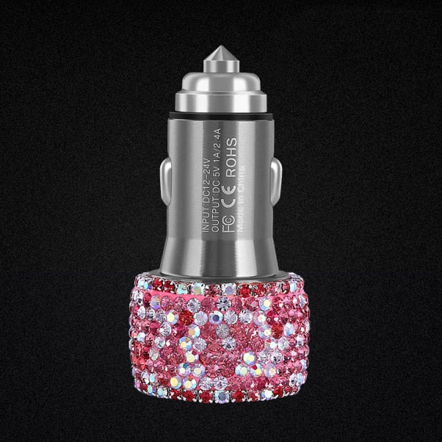 dual usb car charger for mobile phone tablet gps fast charger crystal diamond phone 3 data line wire in car cigarette lighter pink car charger