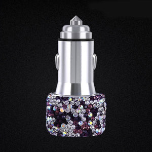 dual usb car charger for mobile phone tablet gps fast charger crystal diamond phone 3 data line wire in car cigarette lighter purple car charger