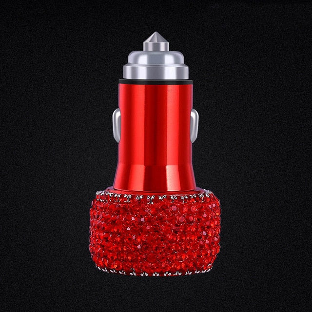 dual usb car charger for mobile phone tablet gps fast charger crystal diamond phone 3 data line wire in car cigarette lighter red car charger