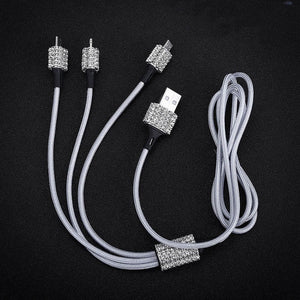 dual usb car charger for mobile phone tablet gps fast charger crystal diamond phone 3 data line wire in car cigarette lighter white data line wire