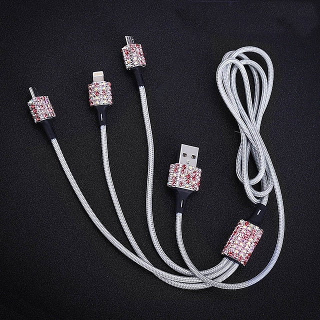 dual usb car charger for mobile phone tablet gps fast charger crystal diamond phone 3 data line wire in car cigarette lighter pink data line wire