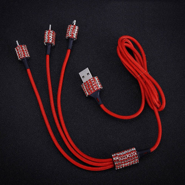 dual usb car charger for mobile phone tablet gps fast charger crystal diamond phone 3 data line wire in car cigarette lighter red data line wire