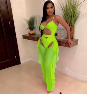 bkld fashion neon green tracksuit women two piece set sleeveless bodysuit and ruffles mesh sheer pants bodycon two piece outfits